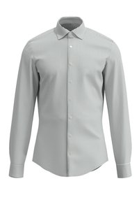 Camicia a righe con bottoni in verde chiaro e bianco. Presenta un colletto classico, maniche lunghe e una vestibilità slim con una texture liscia.