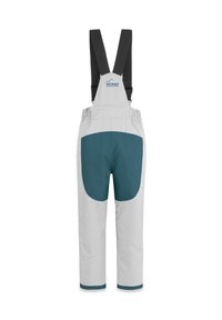 Graue wasserdichte Latzhose mit verstellbaren schwarzen Riemen, elastischem Bund und türkisfarbenem Akzentpanel auf der Rückseite. Leichte Textur mit glatter Oberfläche.