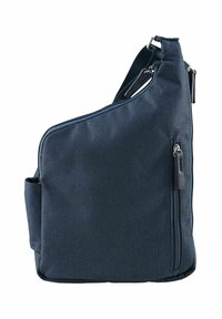 Borsa a spalla blu navy realizzata in tessuto resistente, dotata di una tasca laterale con zip e una sola tracolla per un facile trasporto.