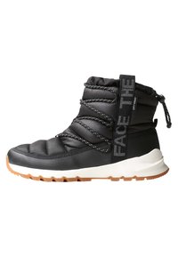 Black insulated ankle boot with quilted upper, elastic laces, a pull tab, and a white midsole atop a gum rubber outsole.