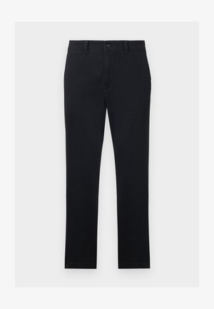 Črne chinos hlače iz bombažnega blaga, ravnih nogavic, z sprednjim gumbom in dvema stranskima žepoma. Gladka tekstura, minimalno podrobno.
