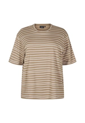 Beige t-shirt met korte mouwen, voorzien van witte horizontale strepen, ronde hals en zachte stof. Heeft een relaxte pasvorm en splicing aan de zijkant.