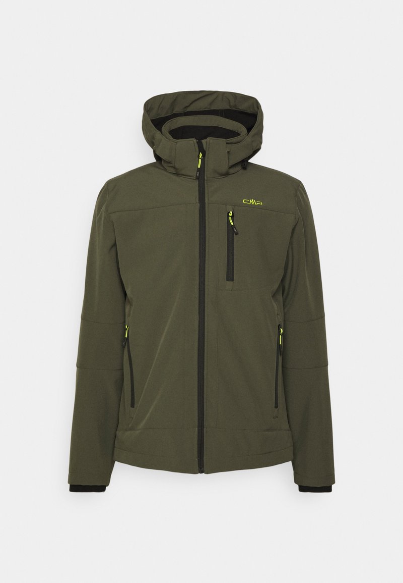 Chaqueta softshell verde oscura con capucha, con un forro interior negro, bolsillos con cremallera y acentos en hardware amarillo brillante.