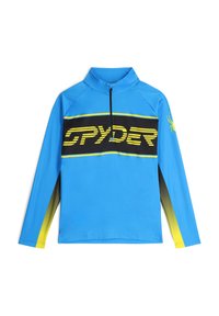 Camicia blu a maniche lunghe con colletto zip, caratterizzata da un logo "SPYDER" nero e giallo sul petto e accenti gialli sulle maniche.