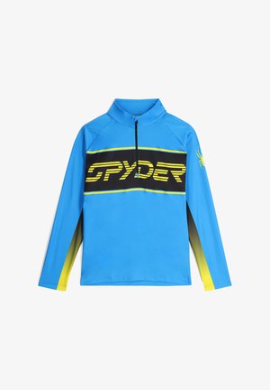 Blaues Langarmhemd mit Reißverschlusskragen, auf der Brust mit einem schwarzen und gelben "SPYDER"-Logo und gelben Akzenten an den Ärmeln.