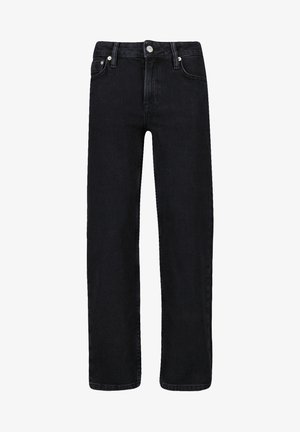 Schwarze Jeans mit geradem Bein, vorne mit Knopfverschluss, Gürtelschlaufen und Fünf-Taschen-Design auf weißem Hintergrund.