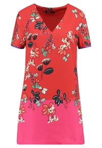 Rotes Blumen-Kleid mit V-Ausschnitt, kurzen Ärmeln und einem Farbverlaufsaum, der zu Pink übergeht. Gefertigt aus einem glatten Stoff mit einem lebhaften Design.