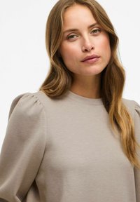 Top beige chiaro con scollo rotondo e maniche a sbuffo, realizzato in un tessuto morbido e liscio. Il design presenta dettagli minimi e una vestibilità comoda.