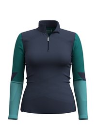 Long-sleeve athletic top with navy torso, teal upper sleeves, light blue forearms, and a half-zip collar, shown on a white background.