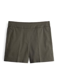 Short décontracté vert olive avec taille élastique et poches latérales sur fond blanc.