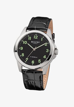 Black dial wristwatch with green luminous numbers, silver case, black leather strap, three hands, and text "REGENT" and "17 JEWELS."