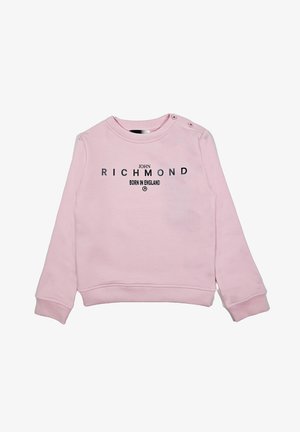Felpa rosa chiaro realizzata in materiale morbido con scollatura rotonda e maniche lunghe. Testo nero "JOHN RICHMOND BORN IN ENGLAND" stampato sul davanti.