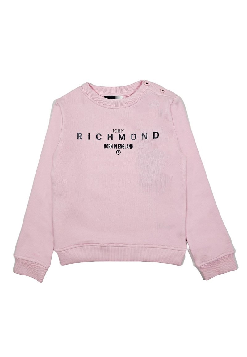 Felpa rosa chiaro realizzata in materiale morbido con scollatura rotonda e maniche lunghe. Testo nero "JOHN RICHMOND BORN IN ENGLAND" stampato sul davanti.