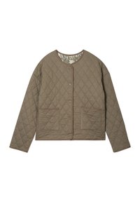 Gepolsterte, olivgrüne Jacke mit rundem Ausschnitt, Druckknöpfen, zwei Vordertaschen und floralem Futter. Brauner Besatz entlang der Kanten.
