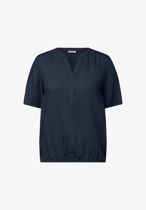 Middengrijze blouse met korte mouwen en een V-hals, losse pasvorm en gathered zoom. Gemaakt van gladde stof met een subtiele glans. Geen patronen of accenten.