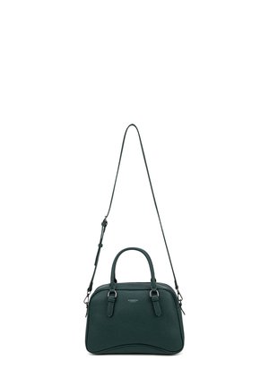 Green leather handbag with rounded shape, dual handles, and an adjustable shoulder strap. Features a subtle textured finish and metal hardware.