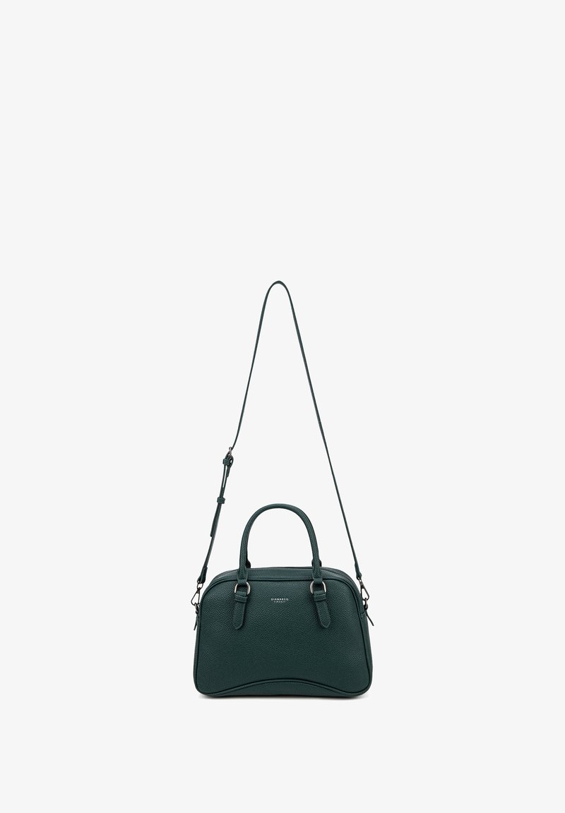 Borsa a mano verde in pelle con forma arrotondata, doppi manici e tracolla regolabile. Presenta una finitura testurizzata sottile e accessori in metallo.