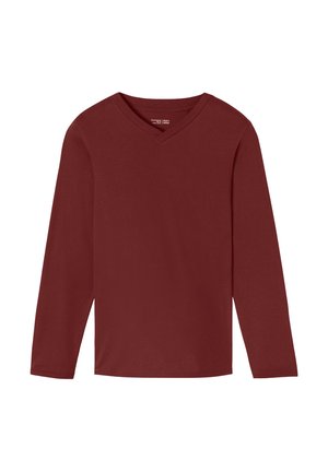 Long-sleeve, deep burgundy V-neck shirt made of soft fabric with a smooth texture, featuring a simple, classic design. No visible logos.