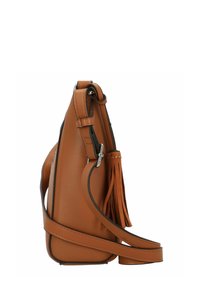 Braune Lederhandtasche mit einer runden Form, ausgestattet mit einem seitlichen Quasten-Detail, einem verstellbaren Schultergurt und schwarzem Saum entlang der Kanten.