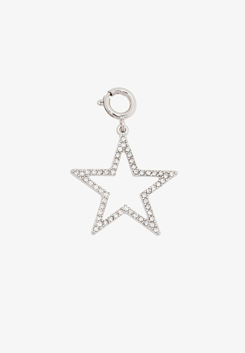 Silver star-shaped charm with a hollow center, adorned with clear rhinestones along the edges, featuring a loop for attachment.