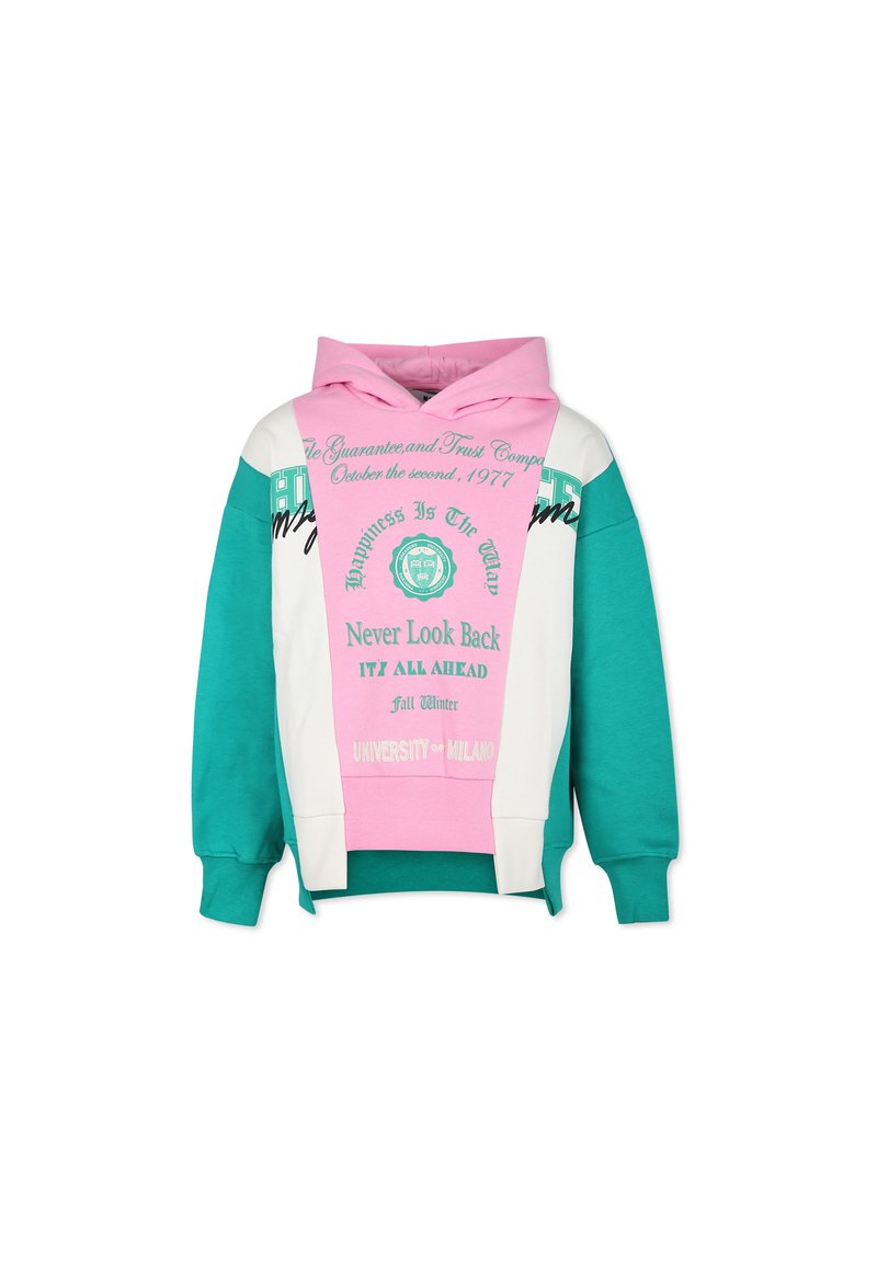 Felpa con cappuccio caratterizzata da pannelli rosa, bianchi e turchesi. Grande testo grafico e loghi sulla parte frontale. Tessuto morbido con vestibilità rilassata.