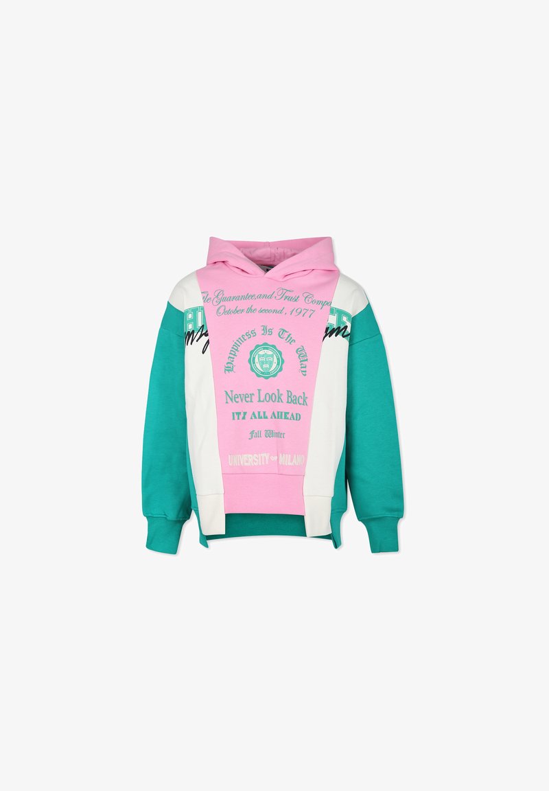 Hættetrøje med rosa, hvid og teal paneler. Stor grafisk tekst og logoer på forsiden. Blødt stof med en afslappet pasform.