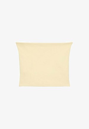 Bežasti rastezljivi top bez rukava od tkanine s glatkom teksturom i jednostavnim dizajnom. Rasklopljeni rubovi i bez vidljivih dijelova ili uzoraka.