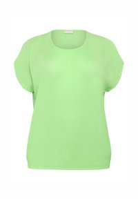 Blouse pour femme vert clair, manches courtes, col rond, coupe ample avec un tissu légèrement texturé sur fond blanc.