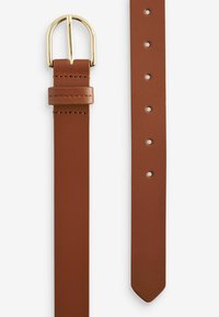 Brown leather belt with a gold metal buckle, featuring perforations along the strap for size adjustment and a pointed tip.
