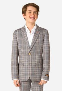Blazer grigio a quadri con un bottone singolo, due tasche frontali e dettagli arancioni a contrasto sui polsini, realizzato in tessuto testurizzato.
