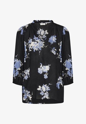 Black floral blouse with three-quarter sleeves, featuring blue and white rose patterns, lightweight fabric, and a gathered neckline.