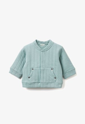 Chaqueta acolchada en azul claro, con cuello alto, mangas tres cuartos, dos bolsillos delanteros con botones a presión y costuras horizontales.