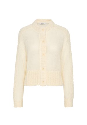 Cardigan en tricot couleur crème avec des manches longues, texture canalée à l'ourlet, fermeture à six boutons et col arrondi.