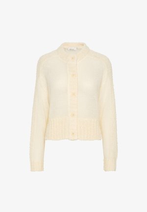 Kremowy sweter dzianinowy z długimi rękawami, prążkowany u dołu, zapinany na sześć guzików, z okrągłym kołnierzem.