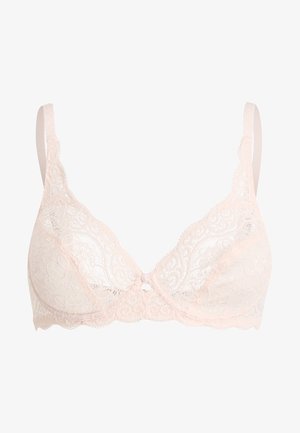 Lace bra in light pink, featuring a scalloped edge, adjustable straps, and a small decorative clasp at the center front.