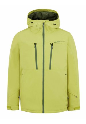 Limegrüne wasserdichte Jacke mit Kapuze, Reißverschlusstaschen, einer glatten Textur und Belüftungsöffnungen. Sie hat kontrastierende Reißverschlüsse und Nähte.
