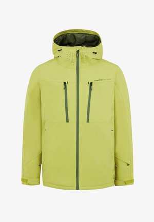 Limegrüne wasserdichte Jacke mit Kapuze, Reißverschlusstaschen, einer glatten Textur und Belüftungsöffnungen. Sie hat kontrastierende Reißverschlüsse und Nähte.