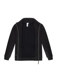 Giacca nera con zip, dal design liscio all'esterno, foderata in pile, con maniche lunghe, tasche laterali e colletto alto. Presenta dettagli di cucitura discreti.