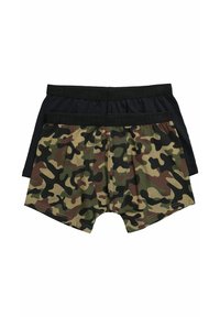 Conjunto de calzón boxer que incluye un par negro y otro con patrón de camuflaje, ambos con cinturillas elásticas y una textura de tela suave.