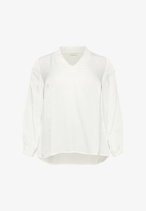 White long-sleeve blouse with ruffled V-neck collar and elastic cuffs, slightly longer back hem, made of lightweight fabric.