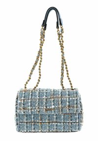 Sac à épaule en tweed bleu avec une chaîne, doté d'une fermeture à rabat et d'accents en métal doré. Surface texturée avec des fils multicolores.