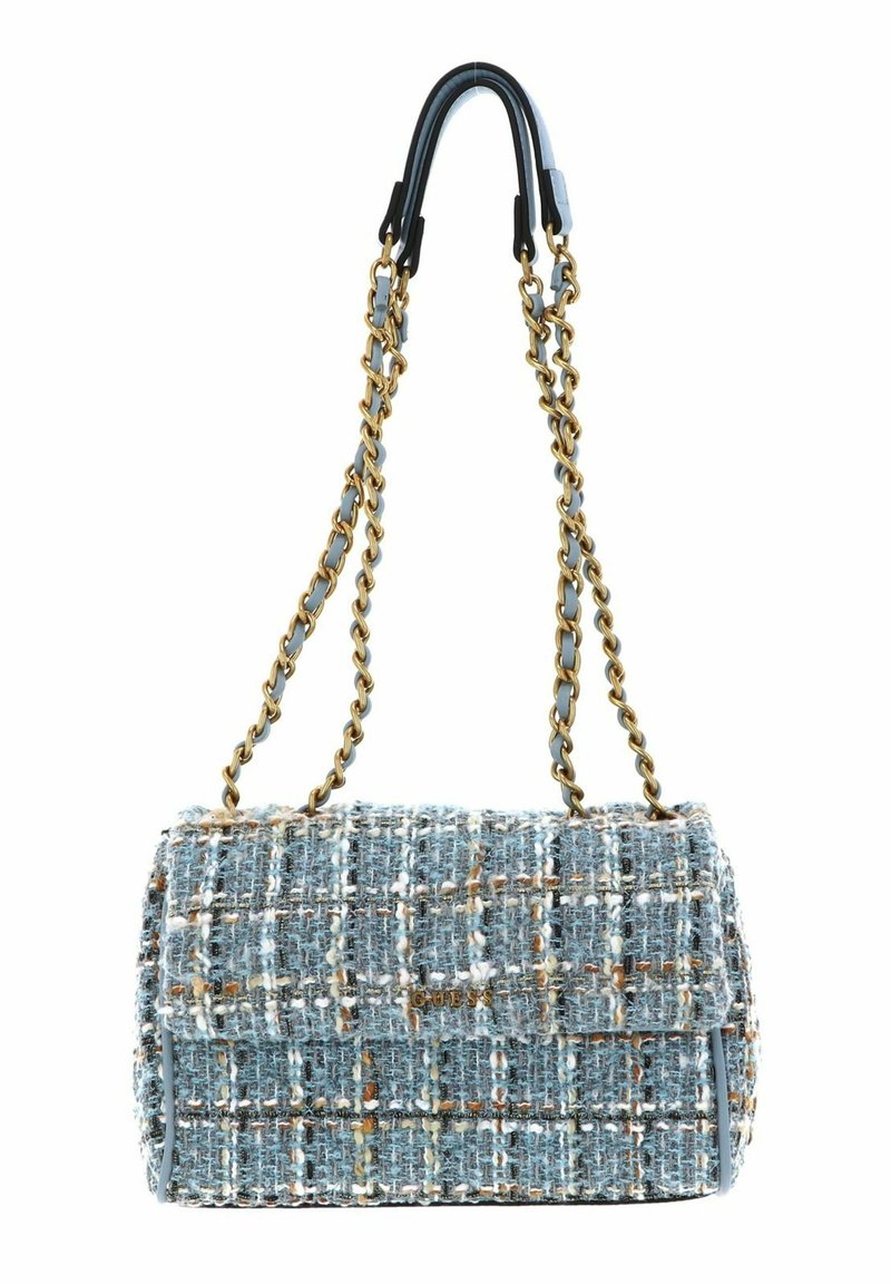 Sac à épaule en tweed bleu avec une chaîne, doté d'une fermeture à rabat et d'accents en métal doré. Surface texturée avec des fils multicolores.