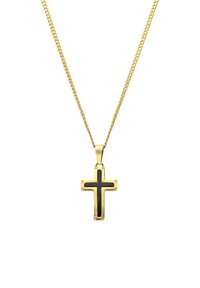 Gouden ketting met een hangertje in de vorm van een kruis, met een zwarte inleg en decoratieve hardware accenten. De ketting heeft een klassiek schakelontwerp.