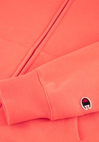 Sudadera color coral con textura cepillada, puños acanalados y un logo bordado en negro y rojo en la manga.