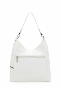 Weiße Hobo-Tasche aus glattem Kunstleder. Sie hat eine lässige Silhouette, eine abgerundete Oberseite, einen verstellbaren Trageriemen und eine vordere Reißverschlusstasche.