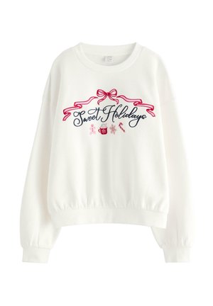 Weißes Sweatshirt mit gesticktem "Sweet Holidays" in Marineblau und Rot, verziert mit Bändern und festlichen Akzenten sowie elastischen Bündchen.