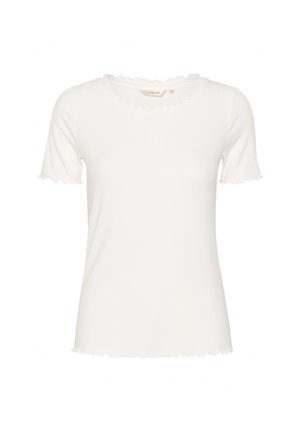 White ribbed t-shirt with short sleeves and a scalloped neckline and hem. Made of soft, stretchy material for comfort.