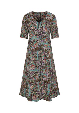 Midikleid mit Ellbogenärmel, V-Ausschnitt und lebendigem geometrischem und floralem Patchwork-Muster in Türkis-, Rot-, Braun- und Schwarztönen.