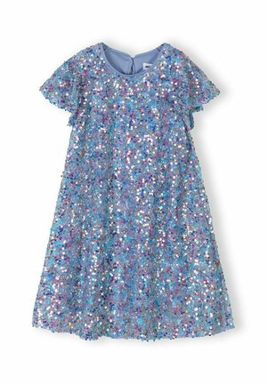 Vestido corto azul con mangas cortas, cubierto de lentejuelas brillantes multicolores, con escote redondo y cierre trasero con botones.