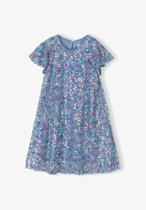 Vestido corto azul con mangas cortas, cubierto de lentejuelas brillantes multicolores, con escote redondo y cierre trasero con botones.